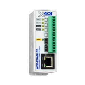 an image of a controlbyweb X-401 with multiple green input/output ports and an Ethernet port, used for web-enabled monitoring and control.