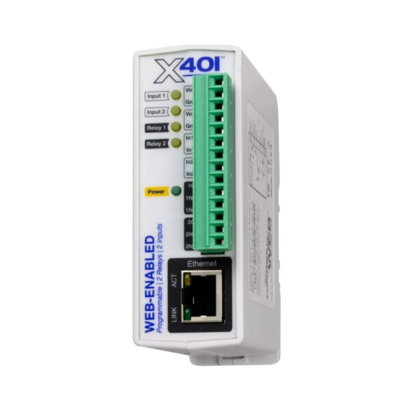 an image of a controlbyweb X-401 device with multiple input/output ports, Ethernet port, and LED indicators. It is web-enabled and functions as a relay control module for automation systems.