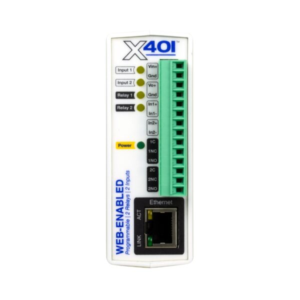 An image of a controlbyweb x-401 device front facing in a white background