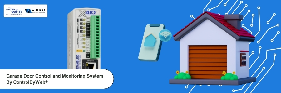 an image of a house and a phone in 3d, and an image of a controlbyweb device in a blue background