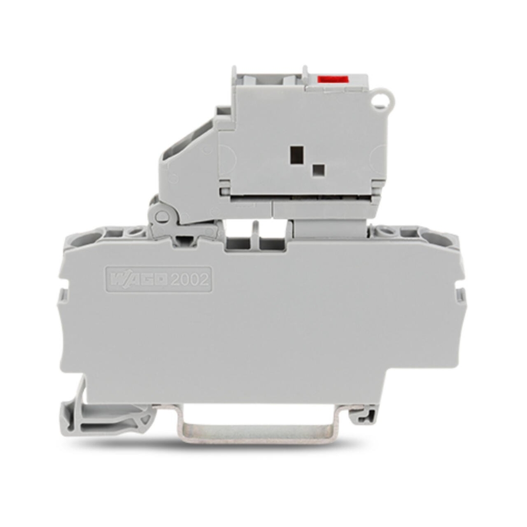 2002-1611/1000-836-WAGO | 2-conductor fuse terminal block; with pivoting fuse holder; with end plate; for 5 x 20 mm miniature metric fuse; with blown fuse indication by LED; 230 V; for DIN-rail 35 x 15 and 35 x 7.5; 2.5 mm²; Push-in CAGE CLAMP®; 2,50 mm²; gray