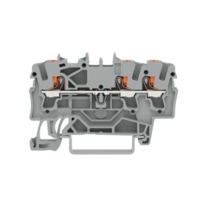 2202-1301-WAGO | 3-conductor through terminal block; with push-button; 2.5 mm²; with test port; side and center marking; for DIN-rail 35 x 15 and 35 x 7.5; Push-in CAGE CLAMP®; 2,50 mm²; gray