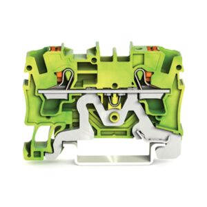 2204-1207-WAGO | 2-conductor ground terminal block; with push-button; 4 mm²; with test port; side and center marking; for DIN-rail 35 x 15 and 35 x 7.5; Push-in CAGE CLAMP®; 4,00 mm²; green-yellow