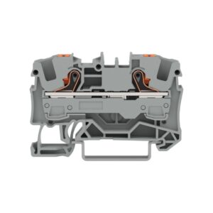 2206-1201-WAGO | 2-conductor through terminal block; with push-button; 6 mm²; with test port; side and center marking; for DIN-rail 35 x 15 and 35 x 7.5; Push-in CAGE CLAMP®; 6,00 mm²; gray