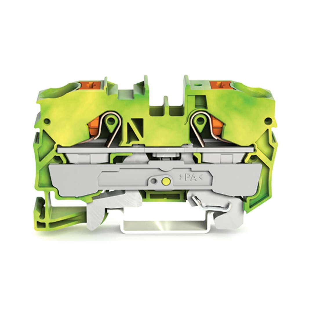 2210-1207-WAGO | 2-conductor ground terminal block; 10 mm²; with test port; side and center marking; for DIN-rail 35 x 15 and 35 x 7.5; Push-in CAGE CLAMP®; 10,00 mm²; green-yellow
