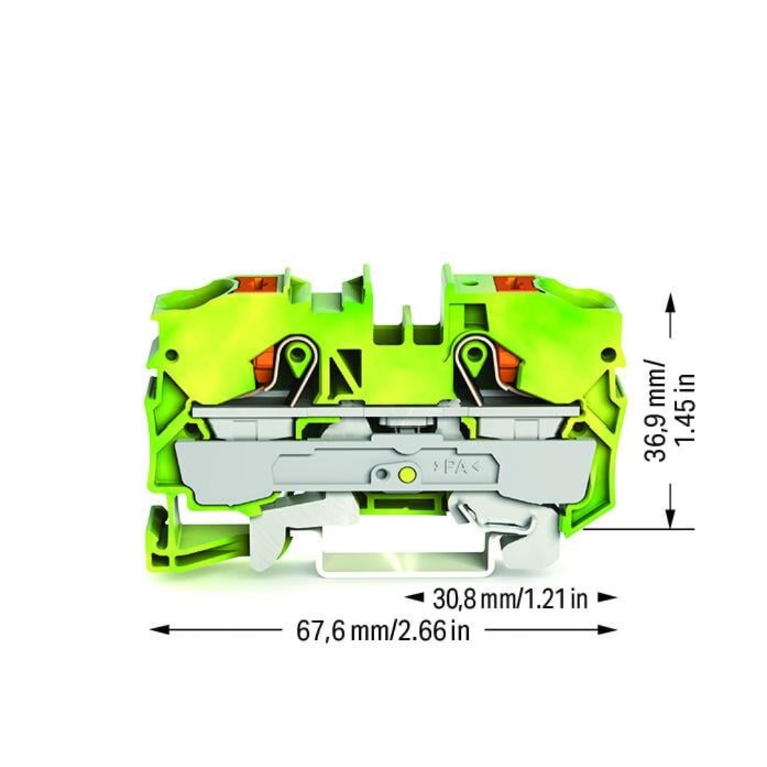 2210-1207-WAGO | 2-conductor ground terminal block; 10 mm²; with test port; side and center marking; for DIN-rail 35 x 15 and 35 x 7.5; Push-in CAGE CLAMP®; 10,00 mm²; green-yellow - Image 2
