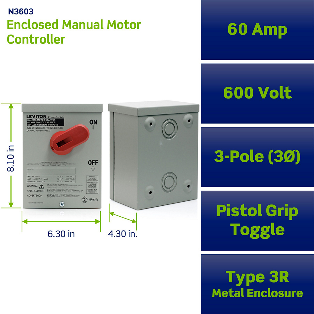 N3603 - Leviton | 60 Amp, 600 Volt, 3-Pole, Non-Fused Manual Motor Controller - Image 6